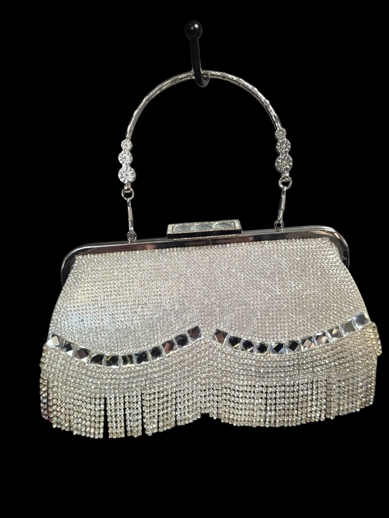 Handbags - Silver Crystal Fringe Evening Clutch/Crossbody  Handbag